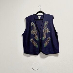 Vintage 90s Koret Felted Wool Vest Size XL Navy Blue Paisley Embroidered Beaded